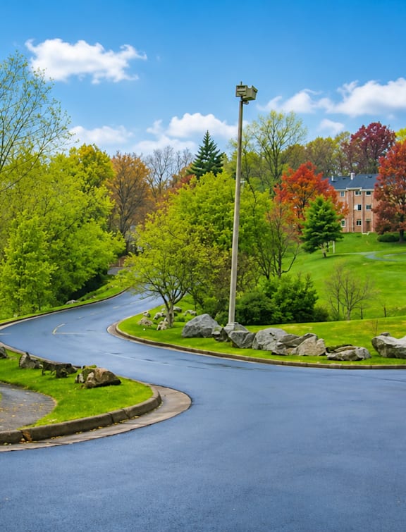 A curvy road with a lamp post on the side.