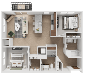 A detailed 3D floor plan of a residential apartment layout.