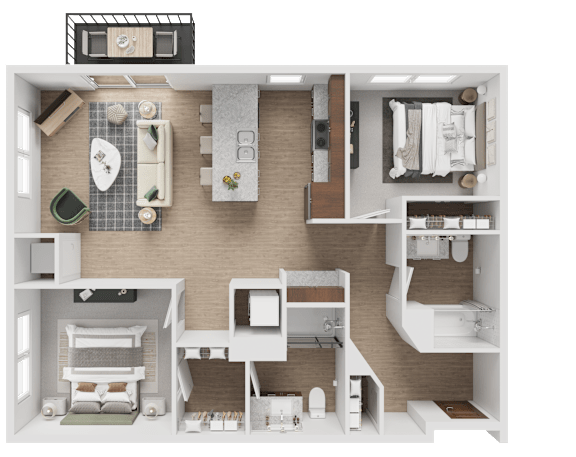A detailed 3D floor plan of a residential apartment layout.