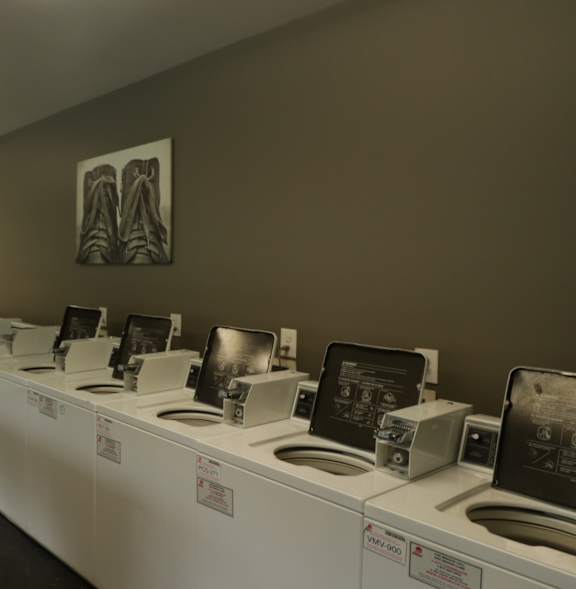A laundromat with a row of washers and dryers.