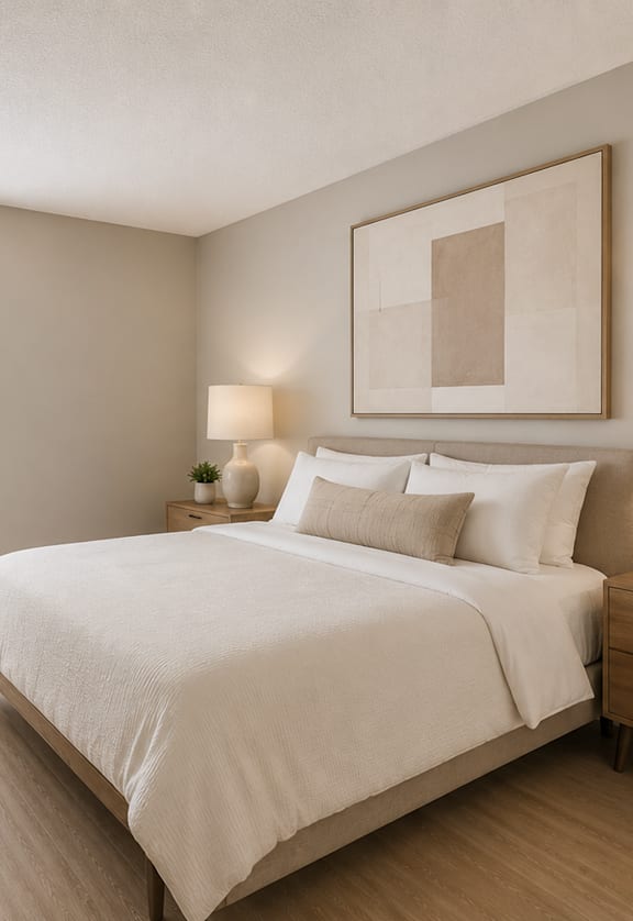 A bedroom with a large bed, a dresser, and a mirror.