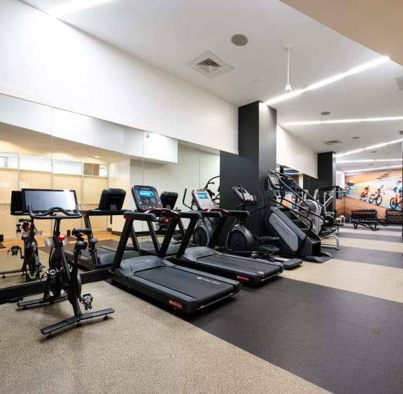 a gym with cardio equipment and weights on the floor
