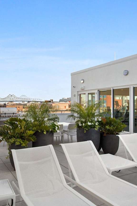 A patio with white chairs and plants.