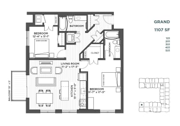 2 bedroom floor plan at The Hill Apartments in st paul mn