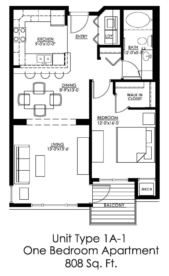 A drawing of a floor plan for a one bedroom apartment.