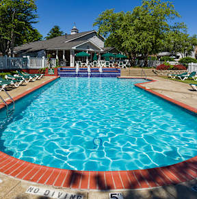 A pool with the words "NO DIVING" written on the ground.