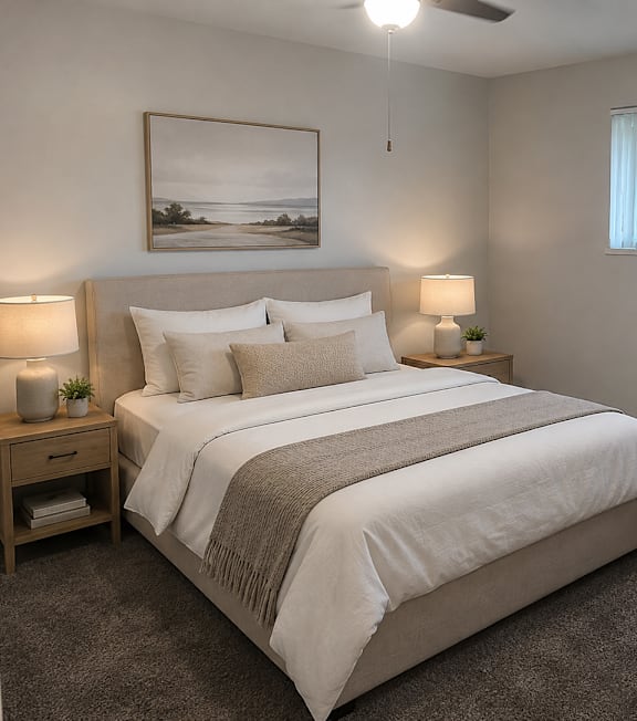 A well-lit bedroom with a large bed and a painting on the wall.