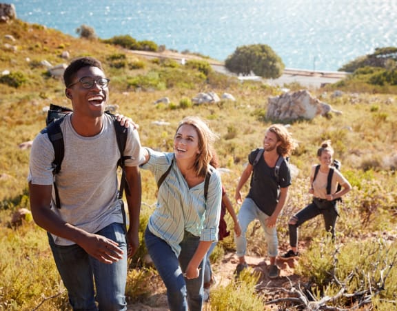 Friends on Hike Together Smiling
