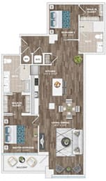 A floor plan of a house with a balcony and a master bedroom.