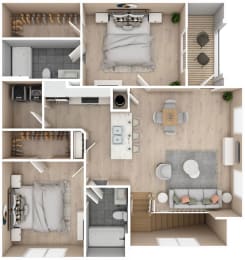 2 bedroom, 2 bathroom floorplan at Audubon Park Apartment Homes in Zachary, Louisiana