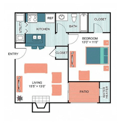 1 Bed 1 Bath Floor Plan at  Wildwood Apartments, CLEAR Property Management, Austin, Texas