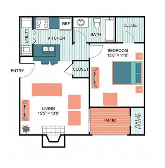 1 Bed 1 Bath Floor Plan at  Wildwood Apartments, CLEAR Property Management, Austin, Texas