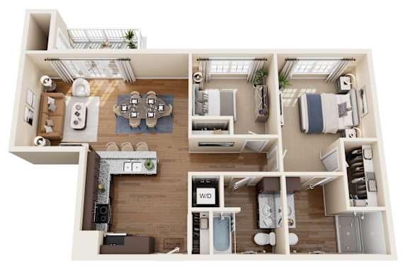 A 3D floor plan of a house with a kitchen, living room, and bathrooms.