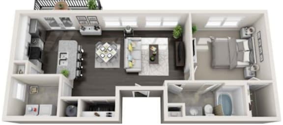 A 3D floor plan of a house with a kitchen, living room, and bathroom.