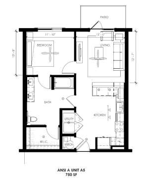 A floor plan of a unit with a living room, kitchen, and bathroom.