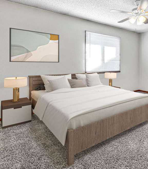 a bedroom with a large bed and a ceiling fan at Somerset Apartments, Des Moines, IA, 50315