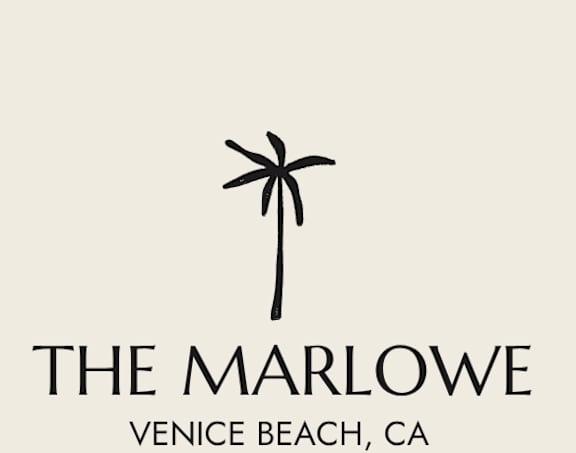 A palm tree silhouette is set against a black background with the text "Venice Beach, CA" below it.