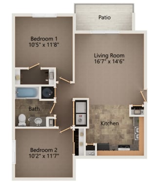 Linden two bedroom floorplan at highland view apartments