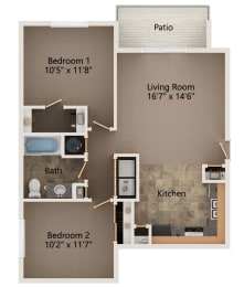 Floor Plan  Linden two bedroom floorplan at highland view apartments