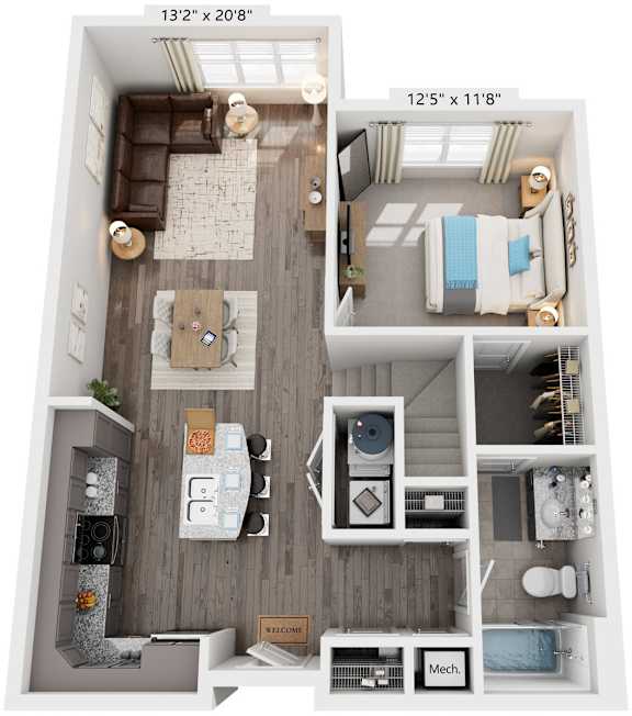 1 Bed 1 Bath Floor Plan | 871  Sq. Ft. at Streets of Greenbrier, Chesapeake, VA, 23320