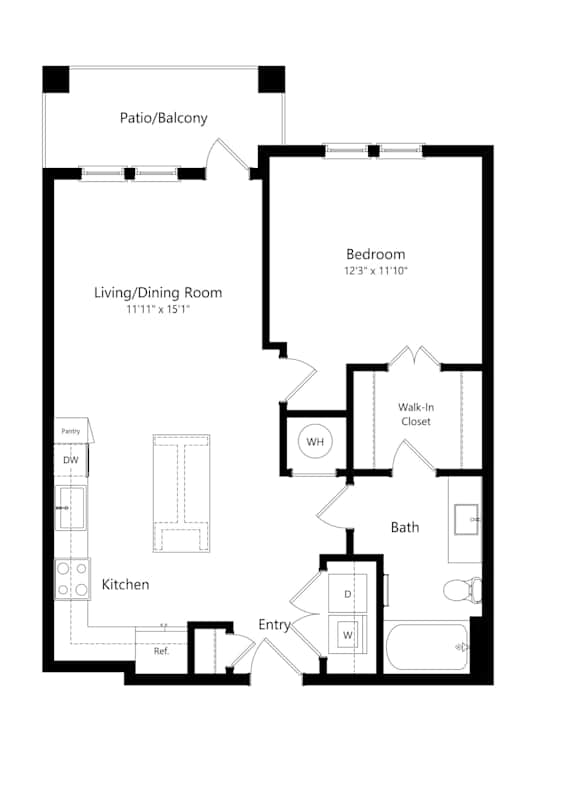 A floor plan for a 753 square foot home with a living/dining room, kitchen, bath, and bedroom.