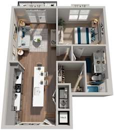 1 Bed 1 Bath Floor Plan | 755 Sq. Ft. at One Riverside Apartments, Chattanooga, Tennessee, 37403