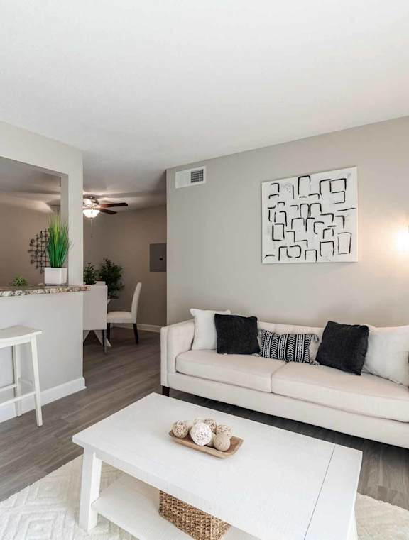 Living room with white couch1 at Collins Crossing, North Carolina, 27510
