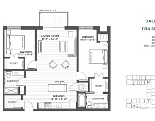 2 bedroom floor plan at The Hill Apartments in st paul mn