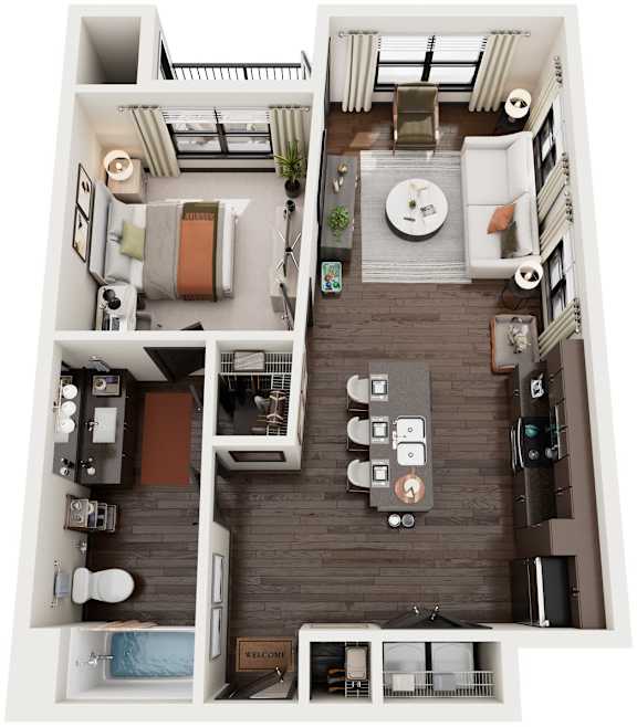 A floor plan of a house with a living room, dining room, kitchen, and bathroom.