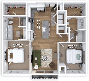 A floor plan of a two-bedroom apartment with a living room and a kitchen.