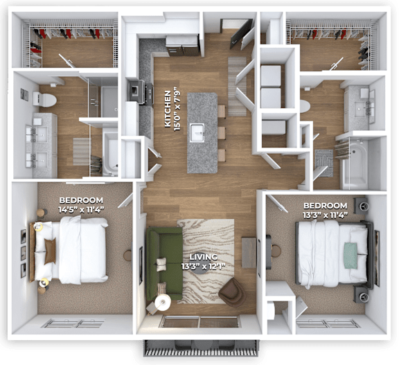 A floor plan of a two-bedroom apartment with a living room and a kitchen.