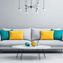 A white couch with three pillows in yellow, blue, and teal colors sits in a room with a round coffee table in front of it.