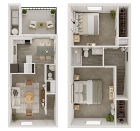 a stylized floor plan of two bedrooms with a bathroom and a living room