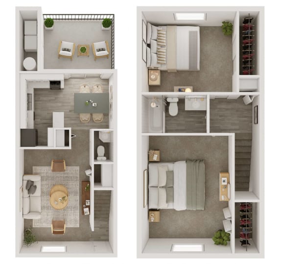 a stylized floor plan of two bedrooms with a bathroom and a living room