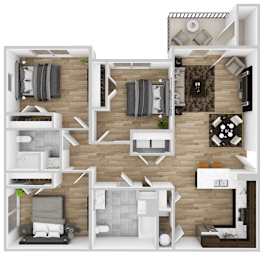A detailed 3D floor plan of a small apartment with a kitchen, living room, and two bedrooms.