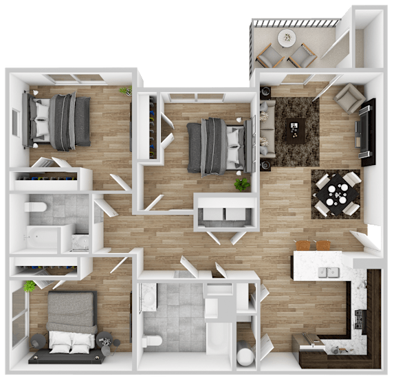 A detailed 3D floor plan of a small apartment with a kitchen, living room, and two bedrooms.