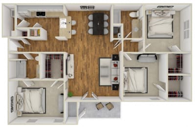 The Lodge Three bedroom and Two bathroom Floor Plan | 1,306 Sq. Ft. at Crossgates Apartment Homes, Starkville, Mississippi