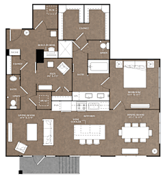A floor plan of a one bedroom apartment with a half bath and a flexible space.