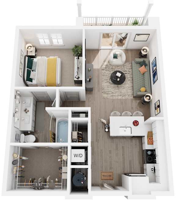 1 Bed 1 Bath Floor Plan | 734 Sq. Ft. at Artistry at Winterfield Apartments, Midlothian, Virginia 23112