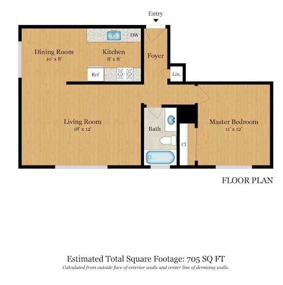 A floor plan of a house with a total estimated square footage of 905.