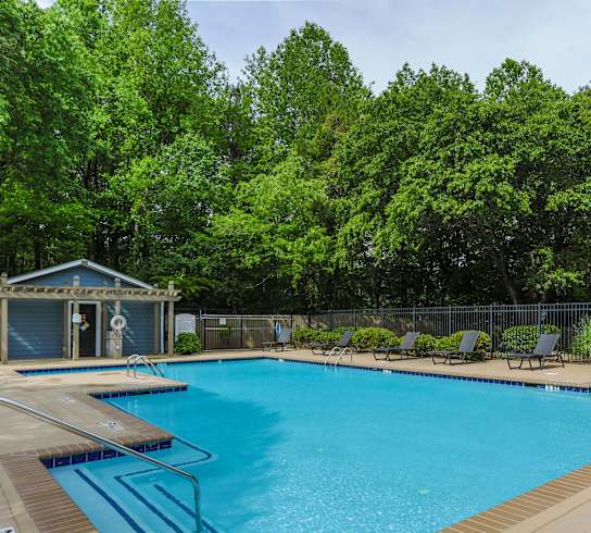 A pool surrounded by trees and a small building.