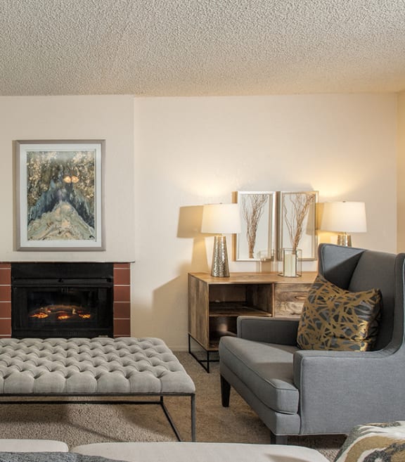apartments model apartment living room and fireplace at Delta Pointe Apartments, Sacramento, 95833