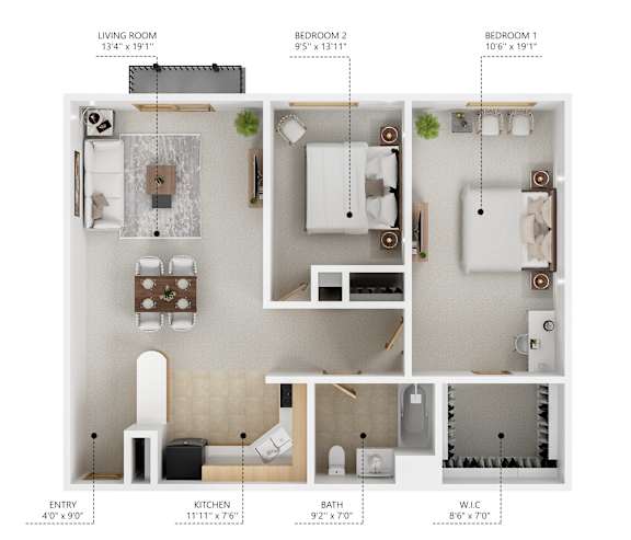 A floor plan of a one bedroom apartment with a living room, kitchen, bathroom and entry.