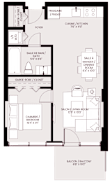A floor plan of a house with a living room, two bedrooms, a bathroom, and a kitchen.