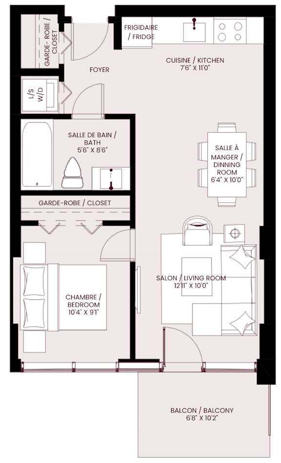 A floor plan of a house with a living room, two bedrooms, a bathroom, and a kitchen.