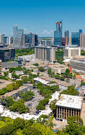 Views of downtown Austin's city scrapers and greenery