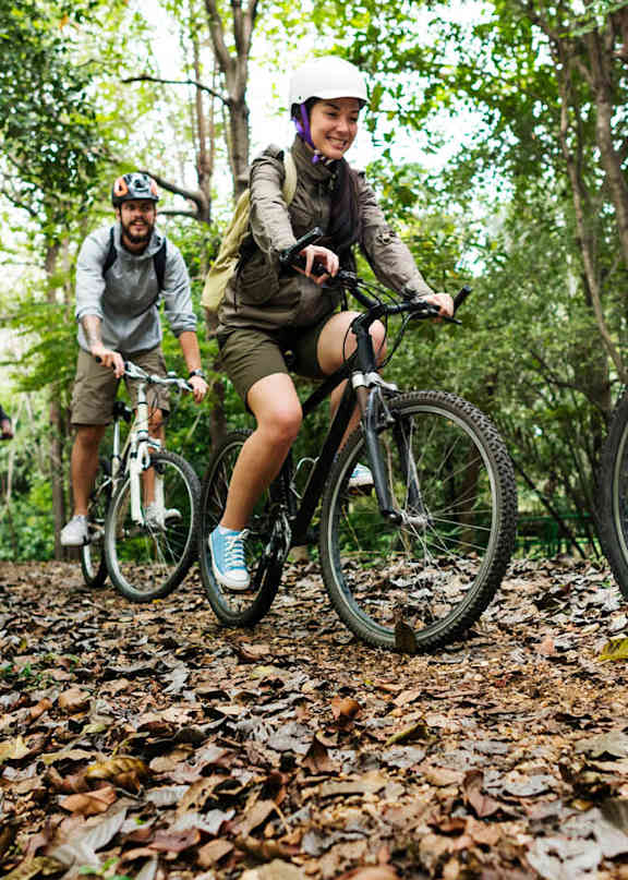 A group of people riding bikes on a leaf-covered trail in the woods.