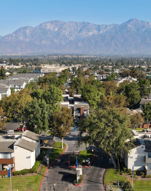 an aerial view of a neighborhood with houses and trees and mountains at Avante Apartments, Ontario, California, 91764