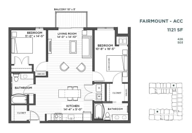 2 bedroom floor plan at The Hill Apartments in st paul mn