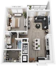 1 Bed 1 Bath Floor Plan | 756 Sq. Ft. at The Louis Apartment Flats, Louisville, KY, 40241